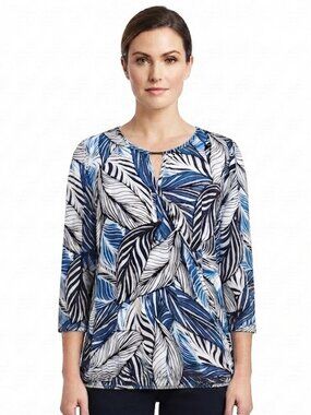 Clientele Keyhole Crew Neck 3/4 Sleeve Botanical Print Stretch Top- Sz. Lrg